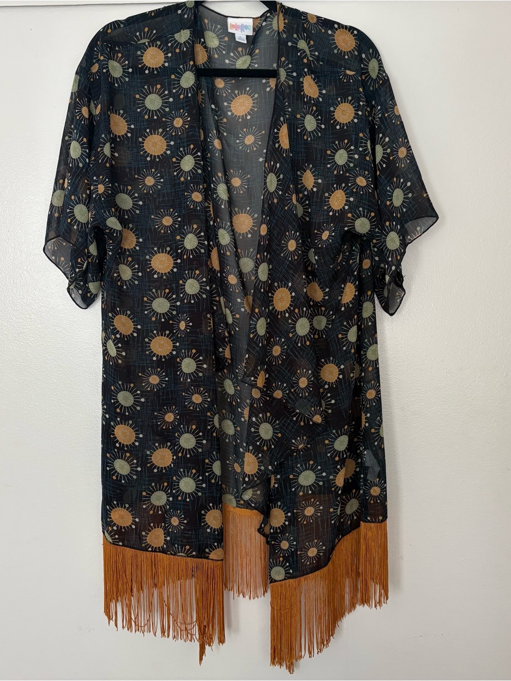 LuLaRoe Blue Kimono with Brown Fringe and Sage Sunburst Print